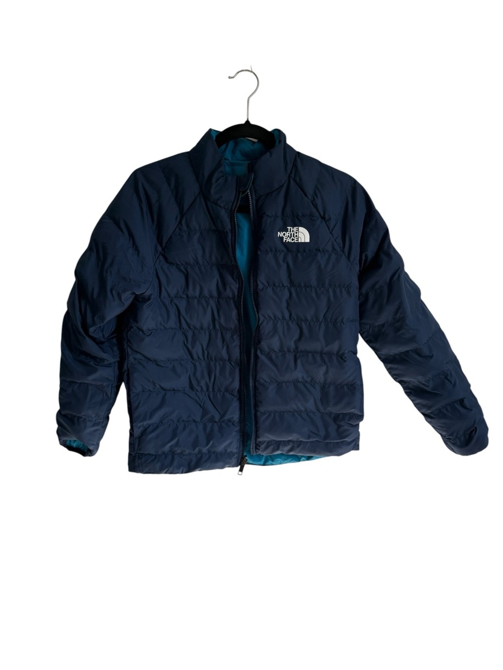 The North Face Boys Size 12 Reversible Down Puffer Jacket Navy Blue